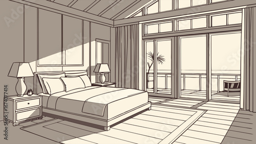 Bedroom Interior Illustration with a Balcony View.