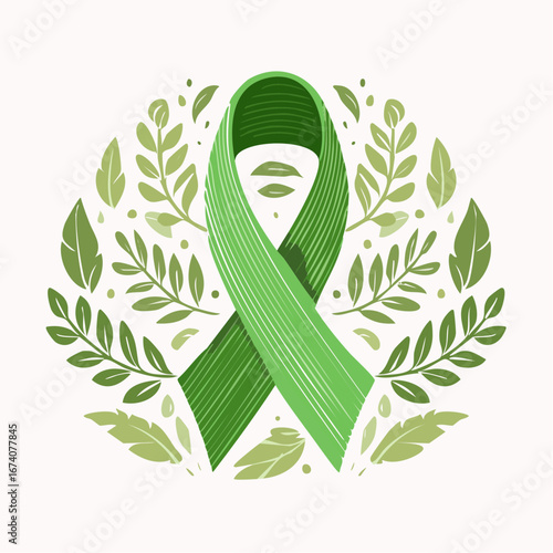 An illustrative green awareness ribbon encircled by lush foliage and natural elements, symbolizing support and hope.
