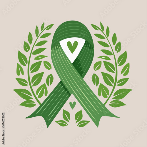 A green ribbon icon with a heart, surrounded by a leafy wreath, representing support.