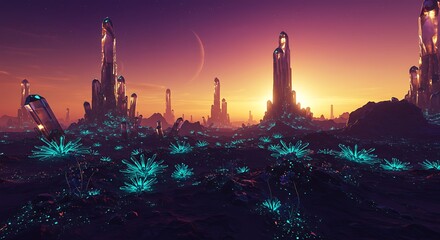 Leinwandbilder Purpur Futuristic landscape with glowing flora and towering crystal structures under a vibrant sunset sky with a crescent moon.  © dian