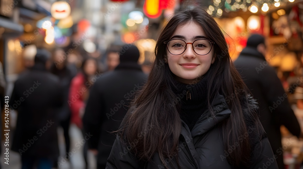 Fototapeta premium Smiling Girl in Glasses Winter City Street Portrait