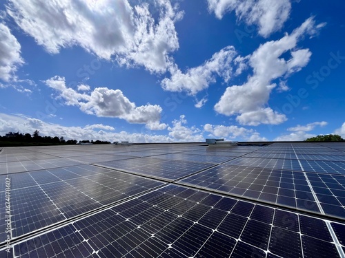 Vue en hauteur d’une centrale photovoltaïque installée en toiture