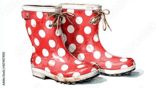 Vector illustration, watercolor clip art of red rubber boots with polka dots on a white background
