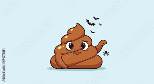 Funny pixel art of a sad poop character with spiders and bats on a light blue background