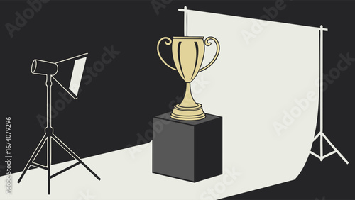 Studio Photography Setup with Trophy on Pedestal Winner Award Lighting Backdrop.
