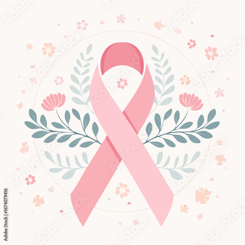 Pink ribbon symbol for breast cancer awareness surrounded by floral elements and leaves on a light background.