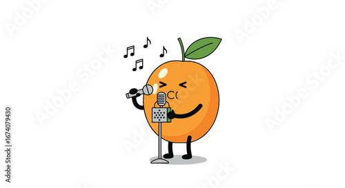 Funny orange character singing passionately into a vintage microphone with musical notes floating around in a fun cartoon style