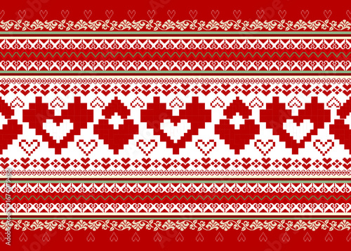 christmas seamless pattern
Abstract ethnic pixel art fabric pattern, green red heart shape, vintage, pixelated, Christmas festival for textile, clothes, curtains, carpets, pillows, vector, background 