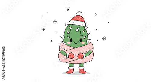 Adorable cartoon cactus character dressed for winter holidays wearing a santa hat and scarf with mittens and boots ready for festive celebrations