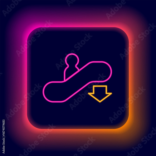 Glowing neon line Escalator down icon isolated on black background. Colorful outline concept. Vector