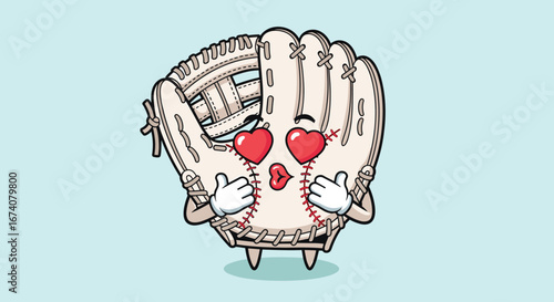 Adorable cartoon baseball glove character with heart eyes expressing love and affection in a playful manner