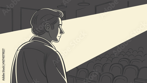 Man Facing an Audience in a Theater Spotlight Illustration Monochrome Drawing.