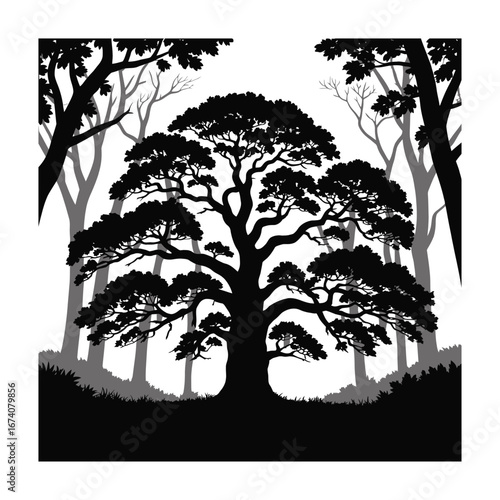 Forest Oak Tree Silhouette Illustration with Dense Canopy and Surrounding Trees