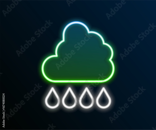 Glowing neon line Cloud with rain icon isolated on black background. Rain cloud precipitation with rain drops. Colorful outline concept. Vector