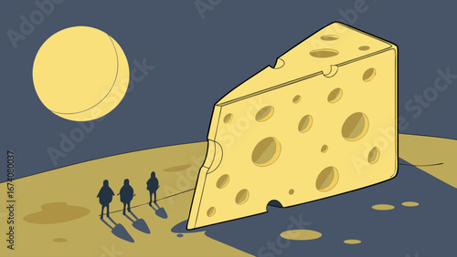 Surreal illustration of figures observing a giant wedge of cheese under a large moon.
