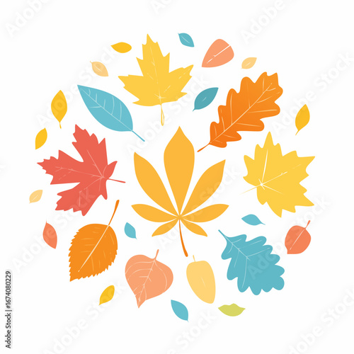 Colorful autumn leaves arranged in a circular design on a white background.