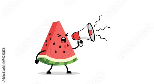Cartoon watermelon character with megaphone announcing something loudly expressing excitement fun summer fruit with arms and legs standing on white background