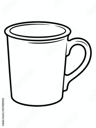Simple black and white line drawing of a classic coffee mug with handle vector illustration white background