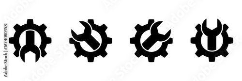 Fix service tools, wrench and screwdriver, repair instruments, simple icon. Gears logo line black icon collections. Wheel cogwheel vector. Free installation label product design.