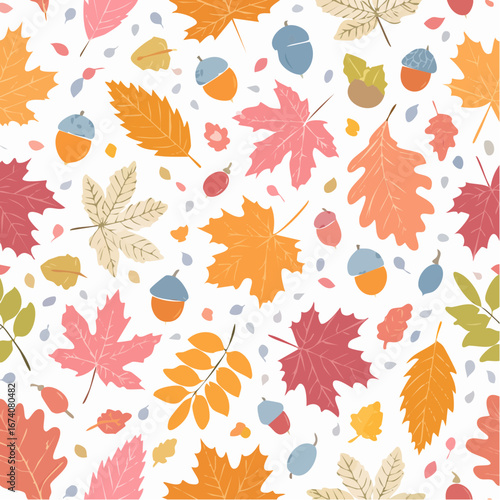 Autumnal leaf and acorn pattern, colorful fall foliage design.