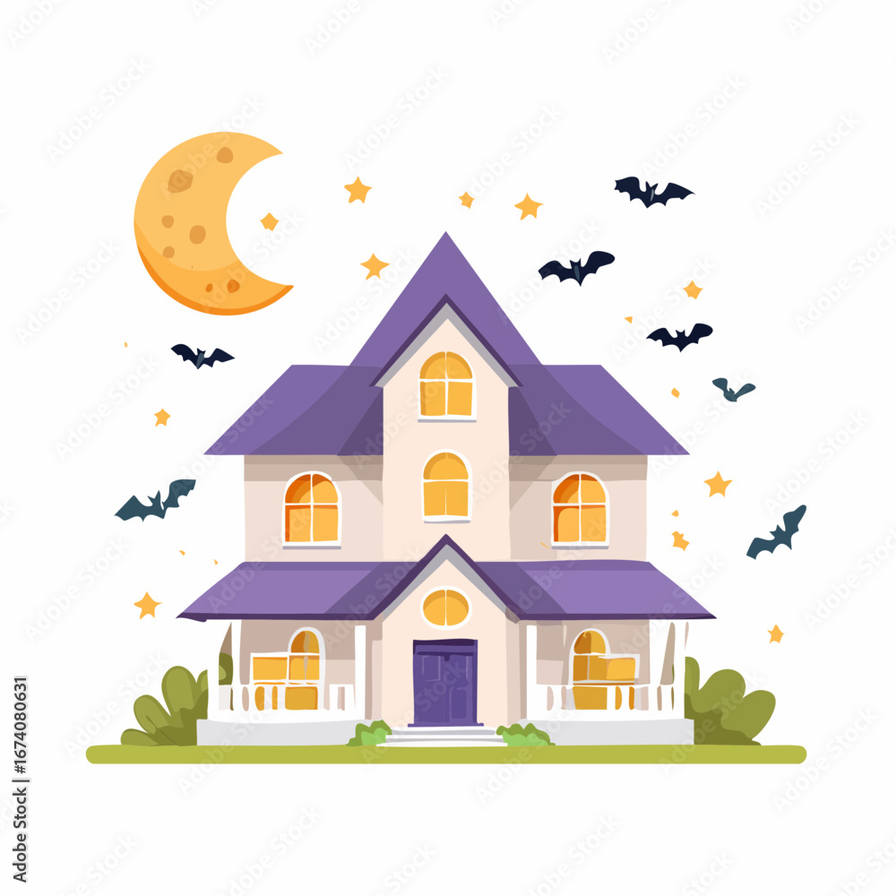 Fototapeta premium Haunted Victorian house at night, bats flying, crescent moon.
