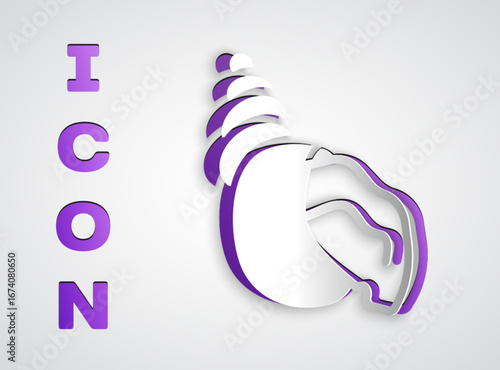 Paper cut Scallop sea shell icon isolated on grey background. Seashell sign. Paper art style. Vector