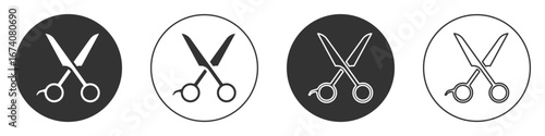 Black Scissors hairdresser icon isolated on white background. Hairdresser, fashion salon and barber sign. Barbershop symbol. Circle button. Vector