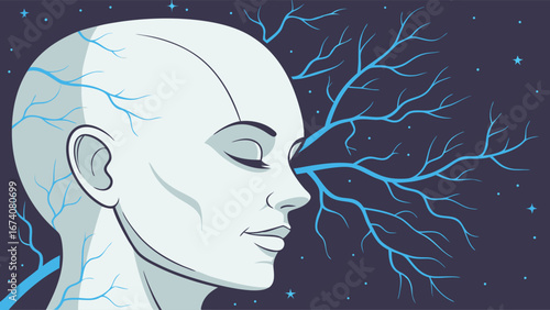 Abstract portrait of a serene face with a tree growing from the head set against a starry night sky background.