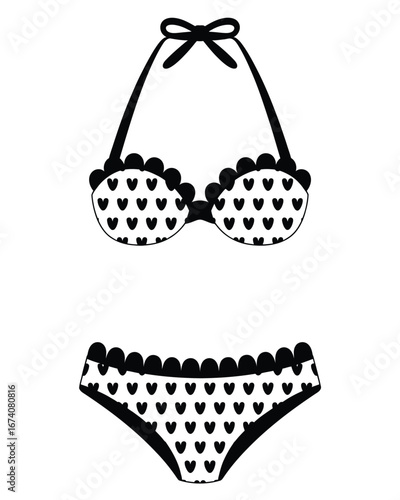 Black and white bikini illustration with heart pattern vector graphic white background
