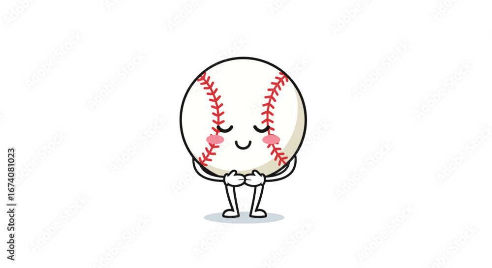 Fototapeta premium Adorable cartoon baseball character with closed eyes and cupped hands offering a heartfelt greeting
