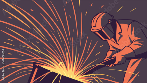 Worker welding metal sparks industrial work safety equipment construction manufacturing energy heat fire metalwork industry technology design graphic illustration art abstract background banner poste.