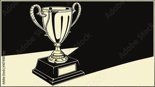 Gold trophy cup award on black background winner prize success achievement victory illustration.