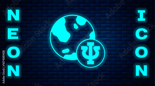 Glowing neon Psychology icon isolated on brick wall background. Psi symbol. Mental health concept, psychoanalysis analysis and psychotherapy. Vector