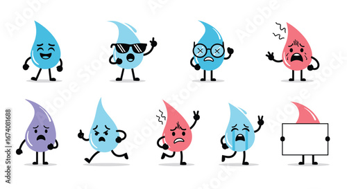 Collection of expressive cartoon water droplet characters with diverse emotions and actions displaying joy sadness and fear