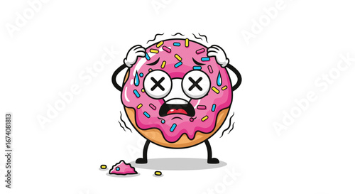 Terrified pink frosted donut with sprinkles suffering extreme fear and anxiety