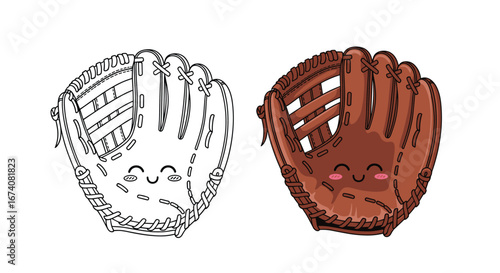 Cute baseball glove cartoon characters playing a fun game of catch together