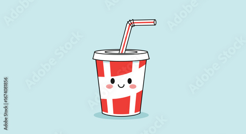 Kawaii cute red and white striped soda pop cup with straw and happy face