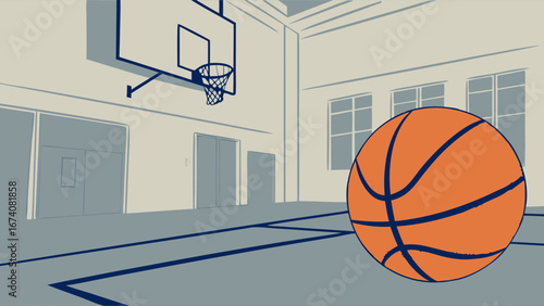 Basketball Court Interior with Ball.