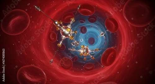 Futuristic medical nanobots in blood vessel for advanced cell repair treatment technology, ai generation