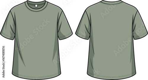 Minimalist front and back green t‑shirt vector illustration, short sleeve crew neck apparel template for fashion design, retail, and customization projects