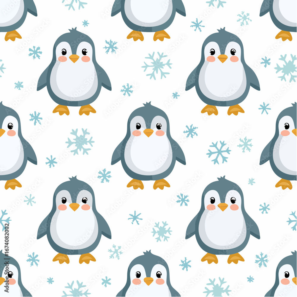 Fototapeta premium Cute cartoon penguins and snowflakes create a repeating pattern on a white background.