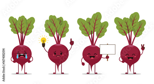 Joyful beetroot characters expressing a range of emotions and ideas for nutrition and wellness projects