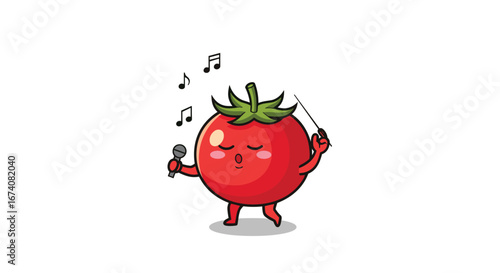 Animated cartoon tomato character singing with microphone and conducting music notes