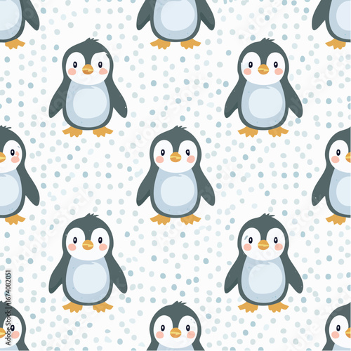 Cute cartoon penguins in a repeating pattern on a light background with small dots.