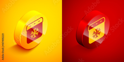Isometric Calendar winter icon isolated on orange and red background. Event reminder symbol. Circle button. Vector