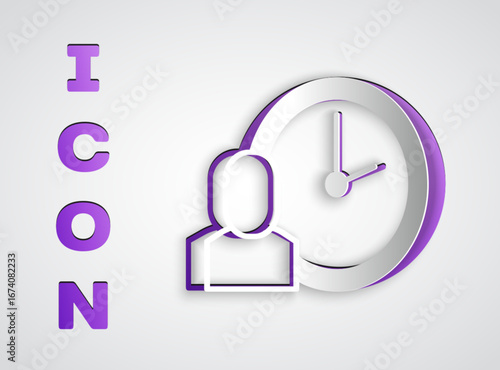 Paper cut Work time icon isolated on grey background. Office worker. Working hours. Business briefcase. Paper art style. Vector