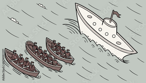 many small boats are approaching a big beautiful sea ship to steal