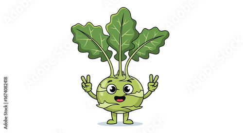 Friendly cartoon kohlrabi vegetable character showing peace signs with a big smile and green leaves overhead
