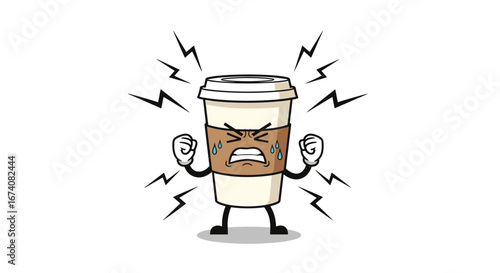 This animated coffee cup character is experiencing intense anger and frustration