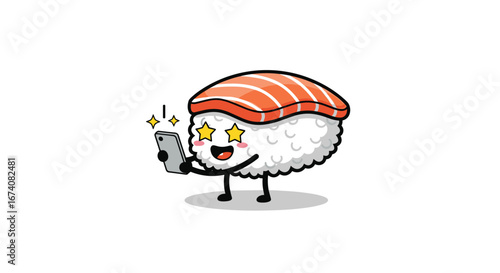 Cute salmon nigiri sushi character taking a selfie on its smartphone with sparkling star eyes and arms and legs